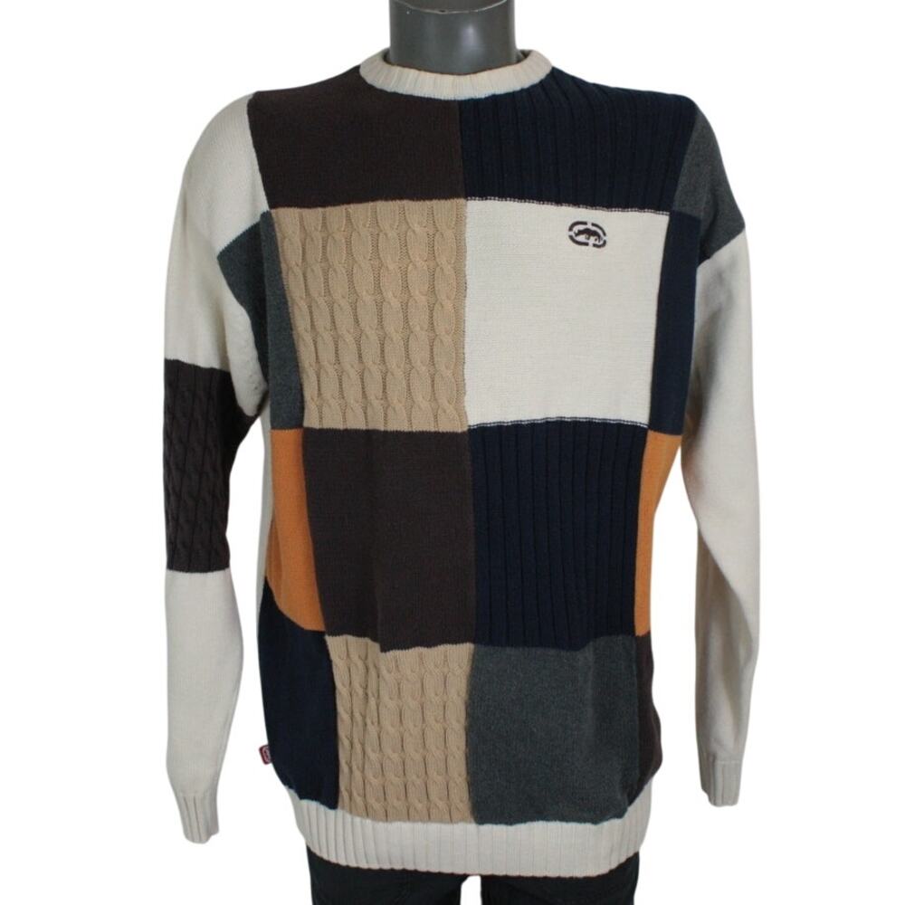 Vintage Y2K Ecko Unltd Sweater Mens L Colorblock Patchwork Cable Knit Hip Hop